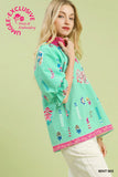 Umgee Mint Mix Print Blouse Cream