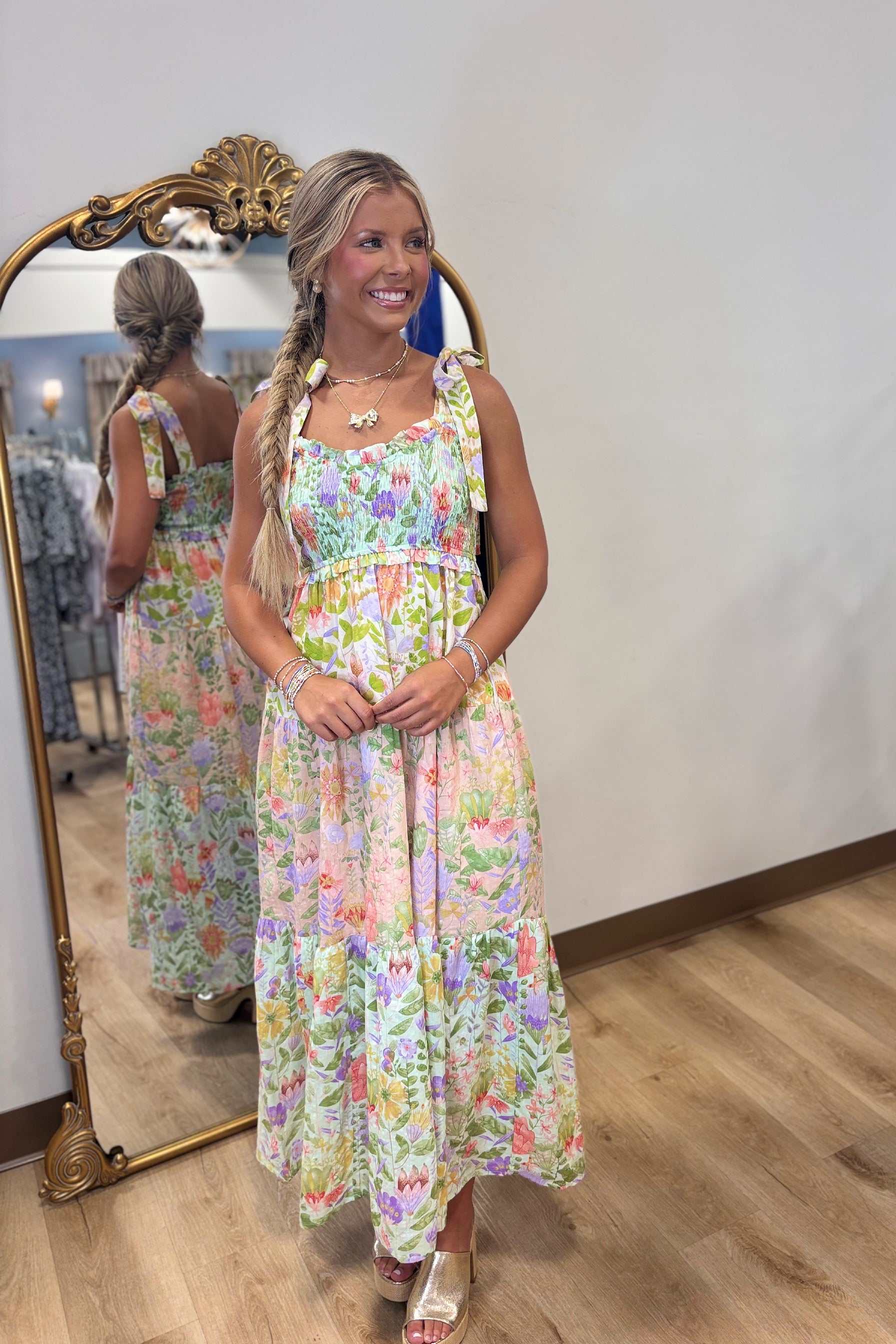 Garden Dream Multi Print Tiered Tie Shoulder Maxi Dress