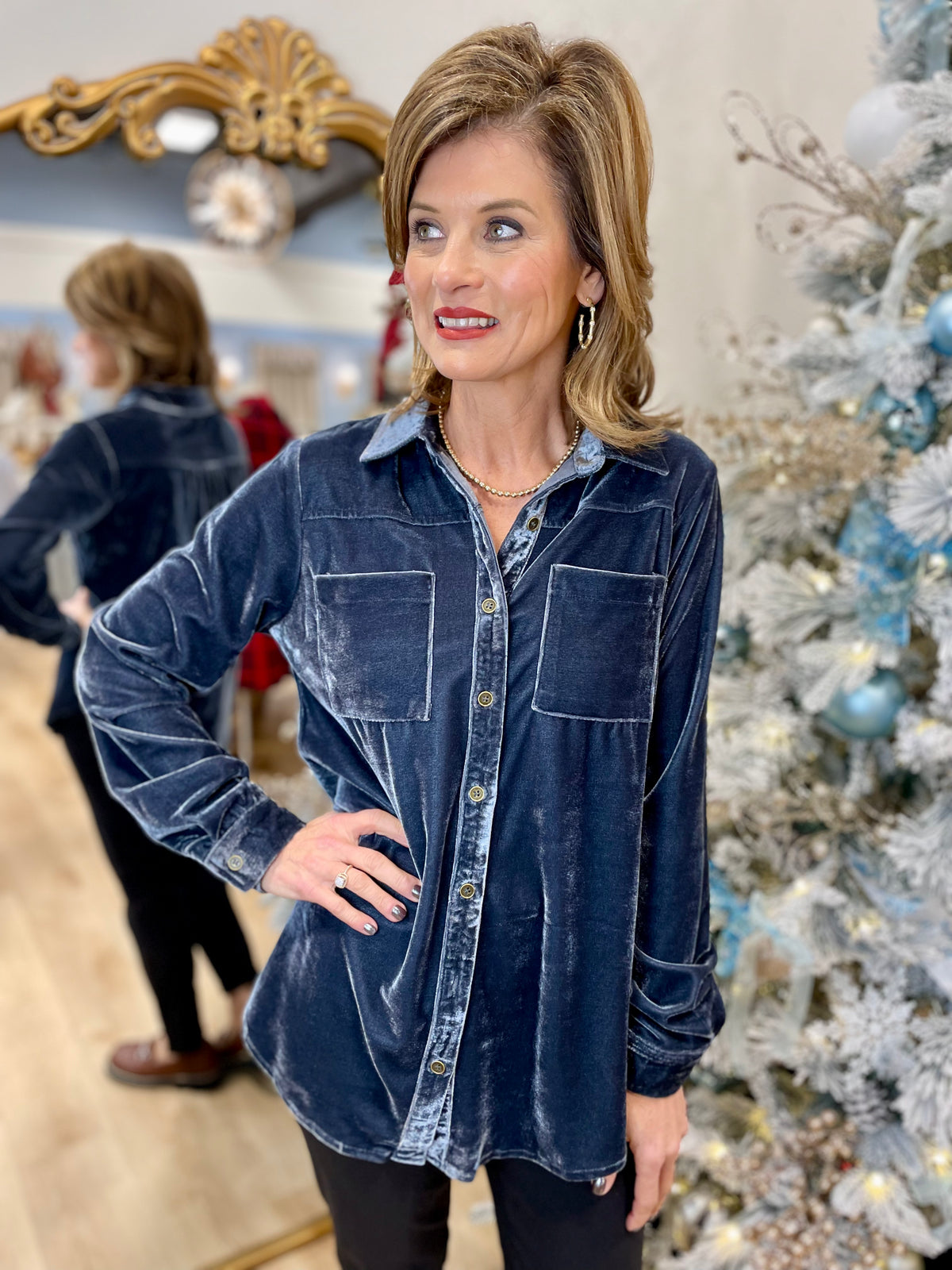Umgee Long Sleeve Velvet Blouse Gunmetal