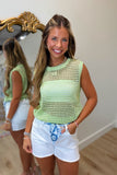 Open Weave Foil Knit Crochet Tank Green