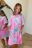 Umgee Pleated Round Neck Bubble Sleeve Dress Peony