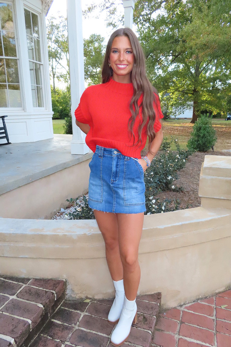 Harvest Time Mock Neck SS Sweater Top Tomato