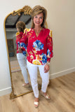 APNY Split Neck Top Red Multi