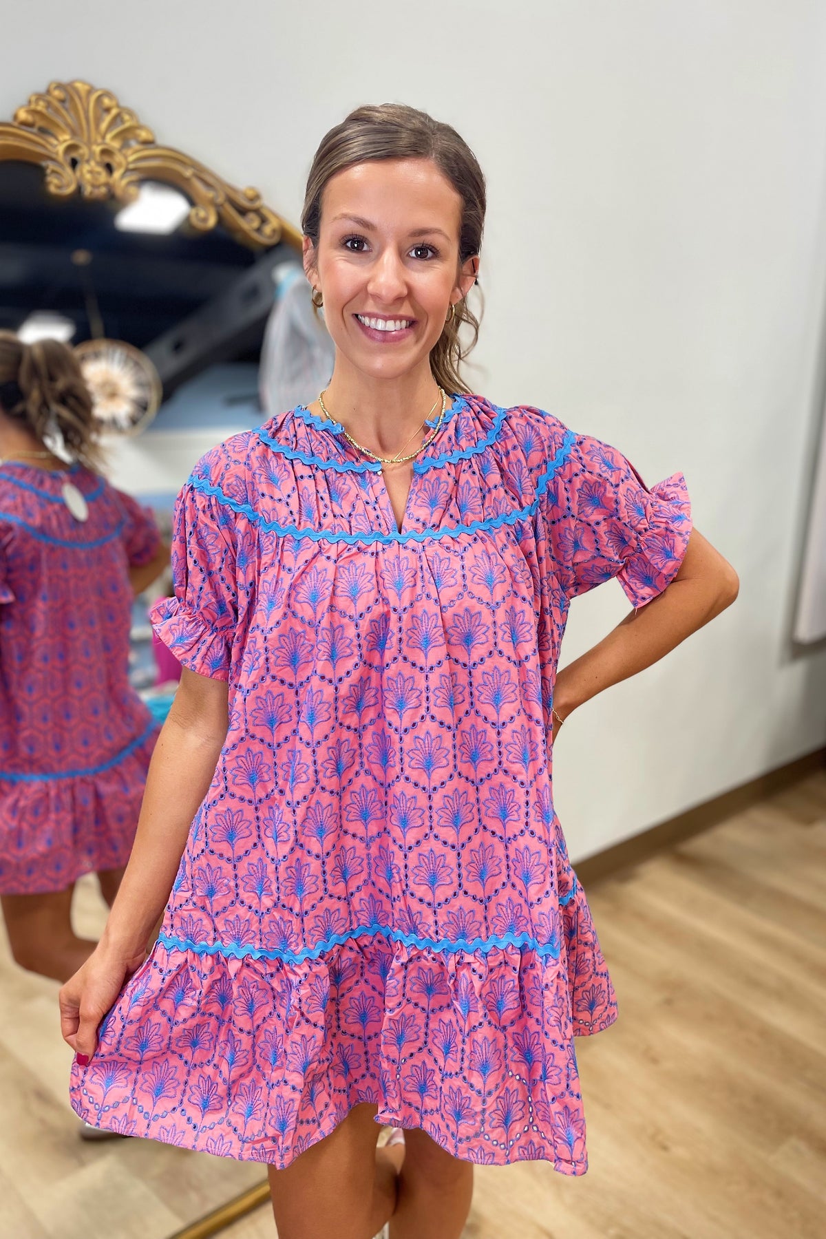 Umgee Stitched Floral Dress Pink
