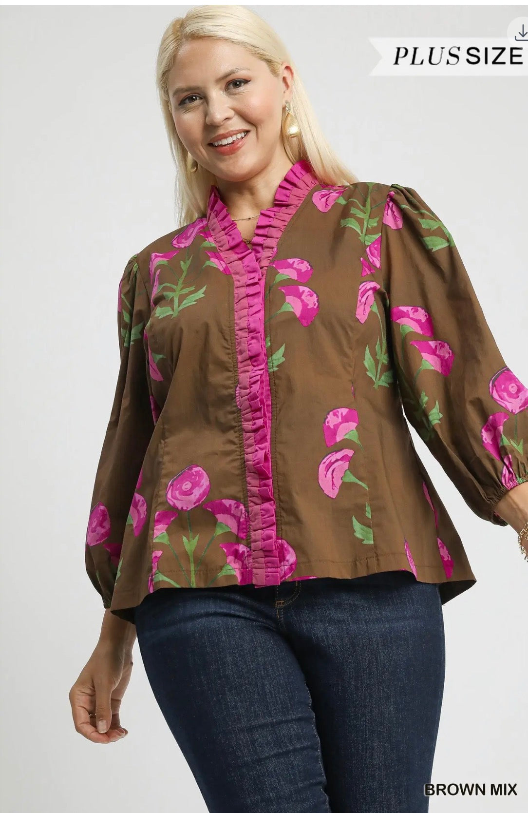 Umgee Big Flower Blouse Brown