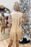 Umgee Embroidered Sleeve Velvet Dress Taupe