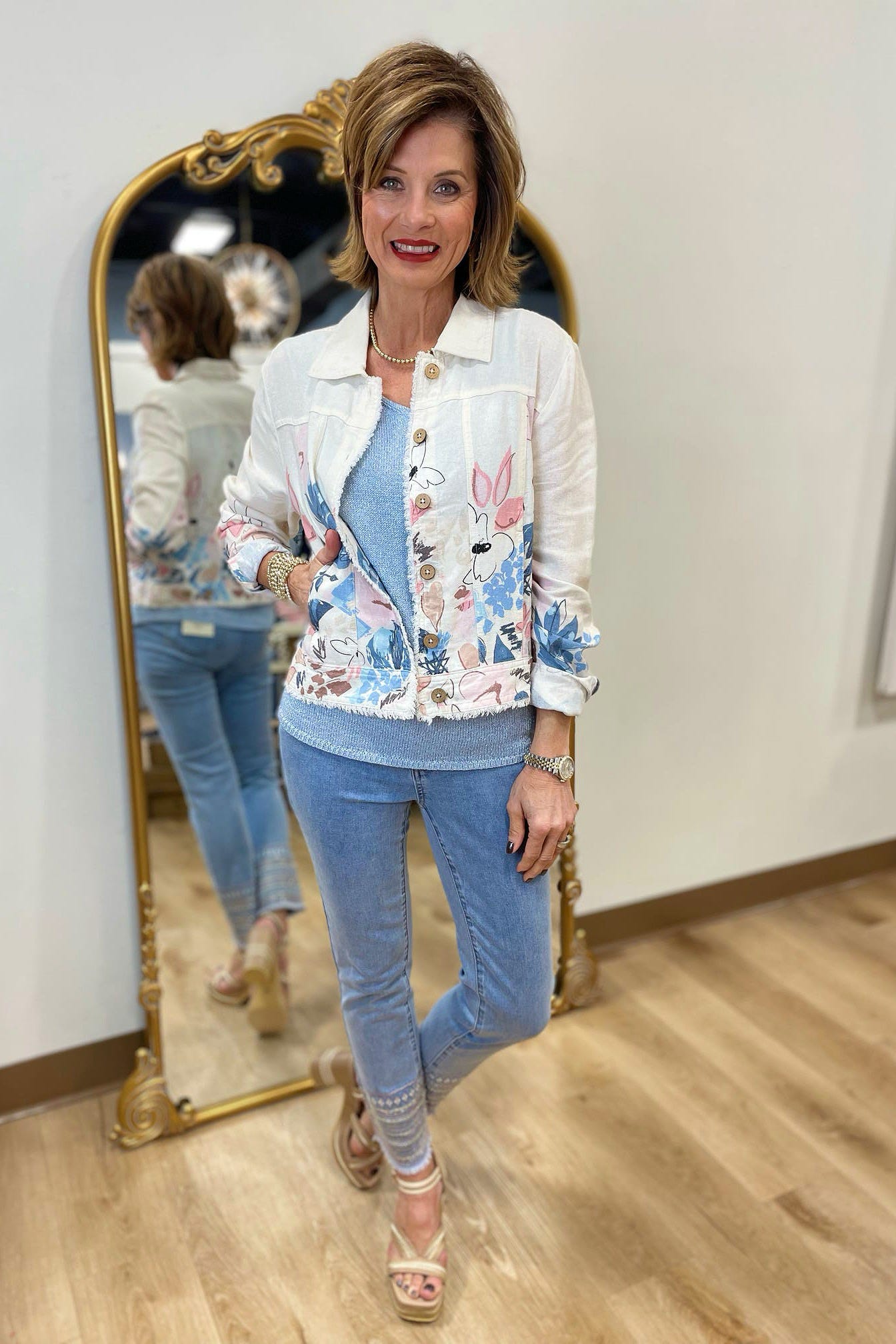 Charlie Border Print LS Button Front Jacket