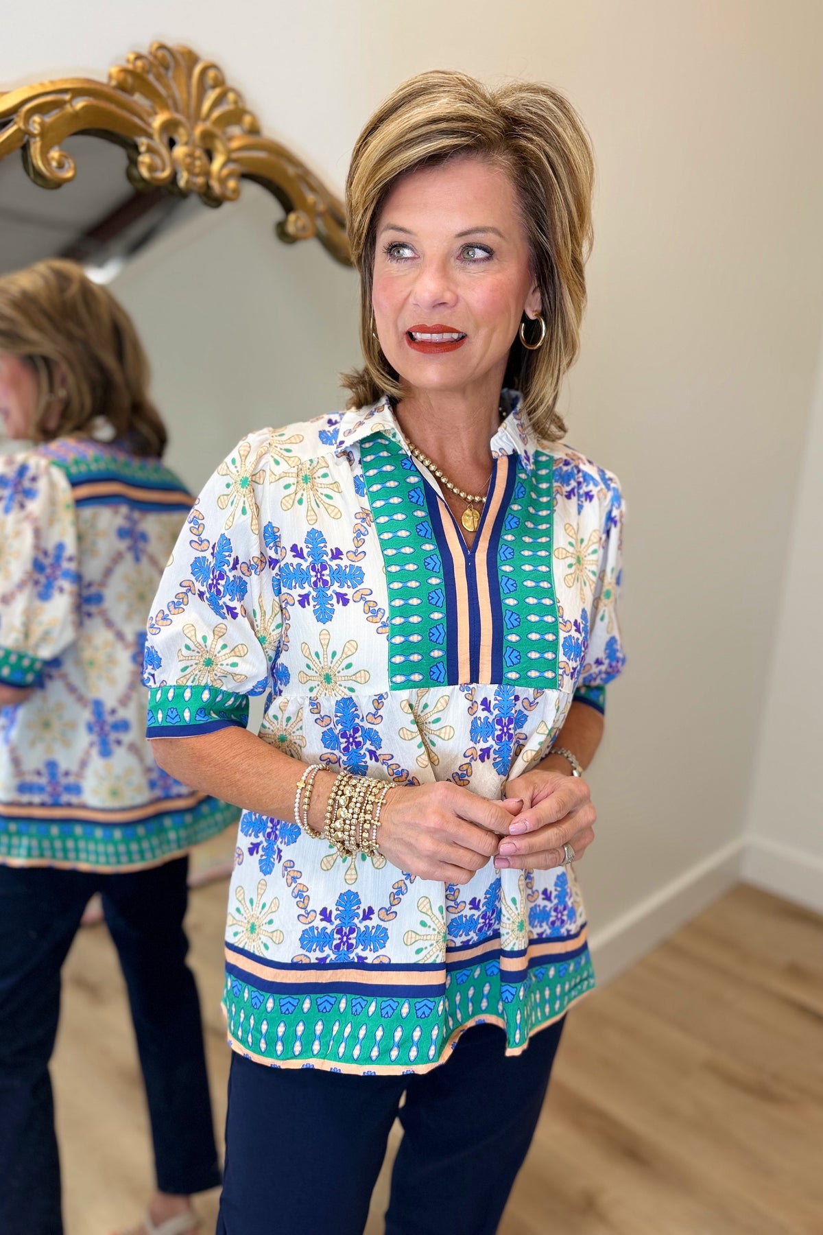 Umgee Placket Bodice Blouse Blue Mix