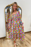 Umgee Floral Mix Smocked Bodice Dress Teal