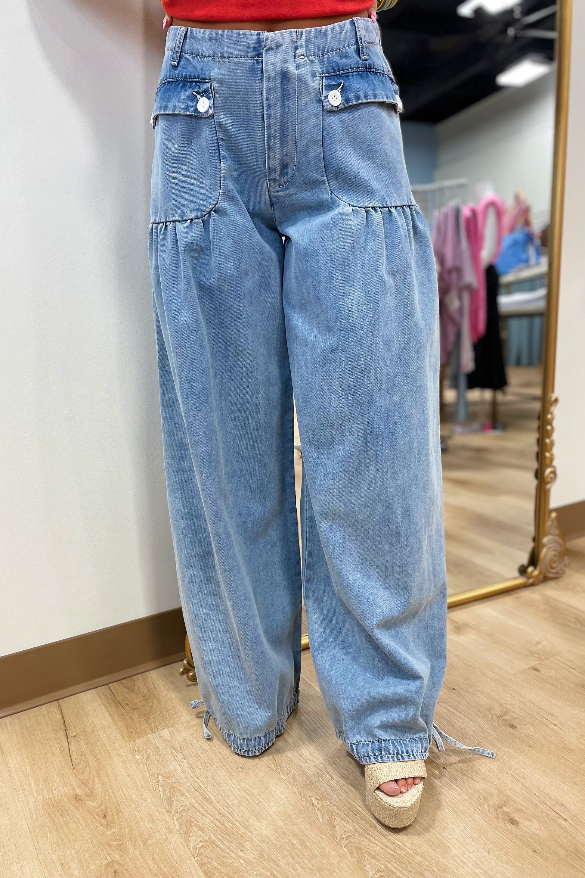 Valley Wide Leg Denim Cinch Hem Pant