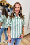 Umgee High Ruffle Neck Stripe Top Green