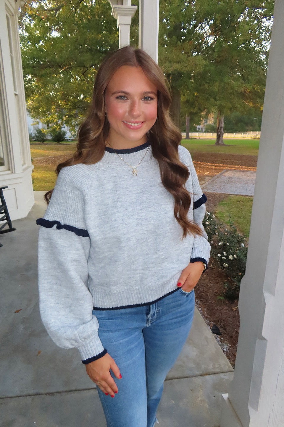 Northern Chill Contrasting Drop Shoulder Ruffle Sweater Grey