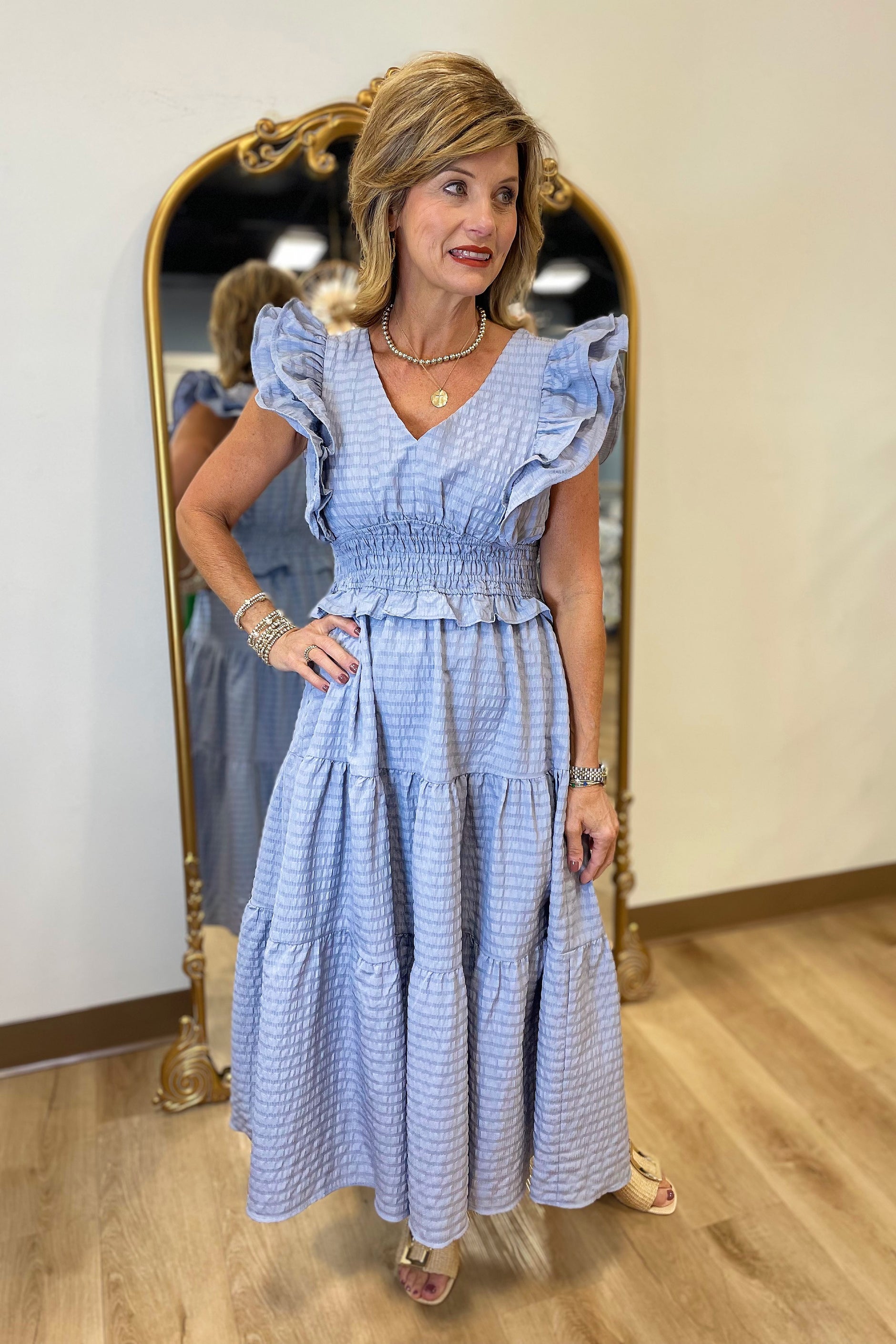 Umgee V Neck Ruffle Midi Dress Blue Grey – Expectations Too