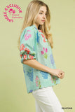 Umgee Floral Split Neck Top Seafoam
