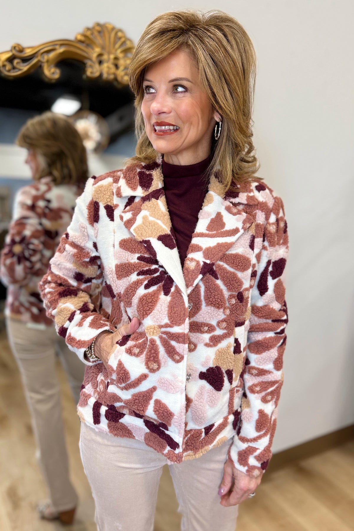 Charlie B Floral Sherpa Jacket Cabernet