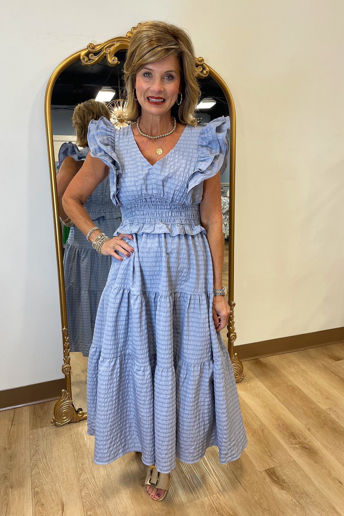 Umgee V Neck Ruffle Midi Dress Blue Grey Expectations Too Umgee V Neck Ruffle Midi Dress Blue Grey Expectations Too