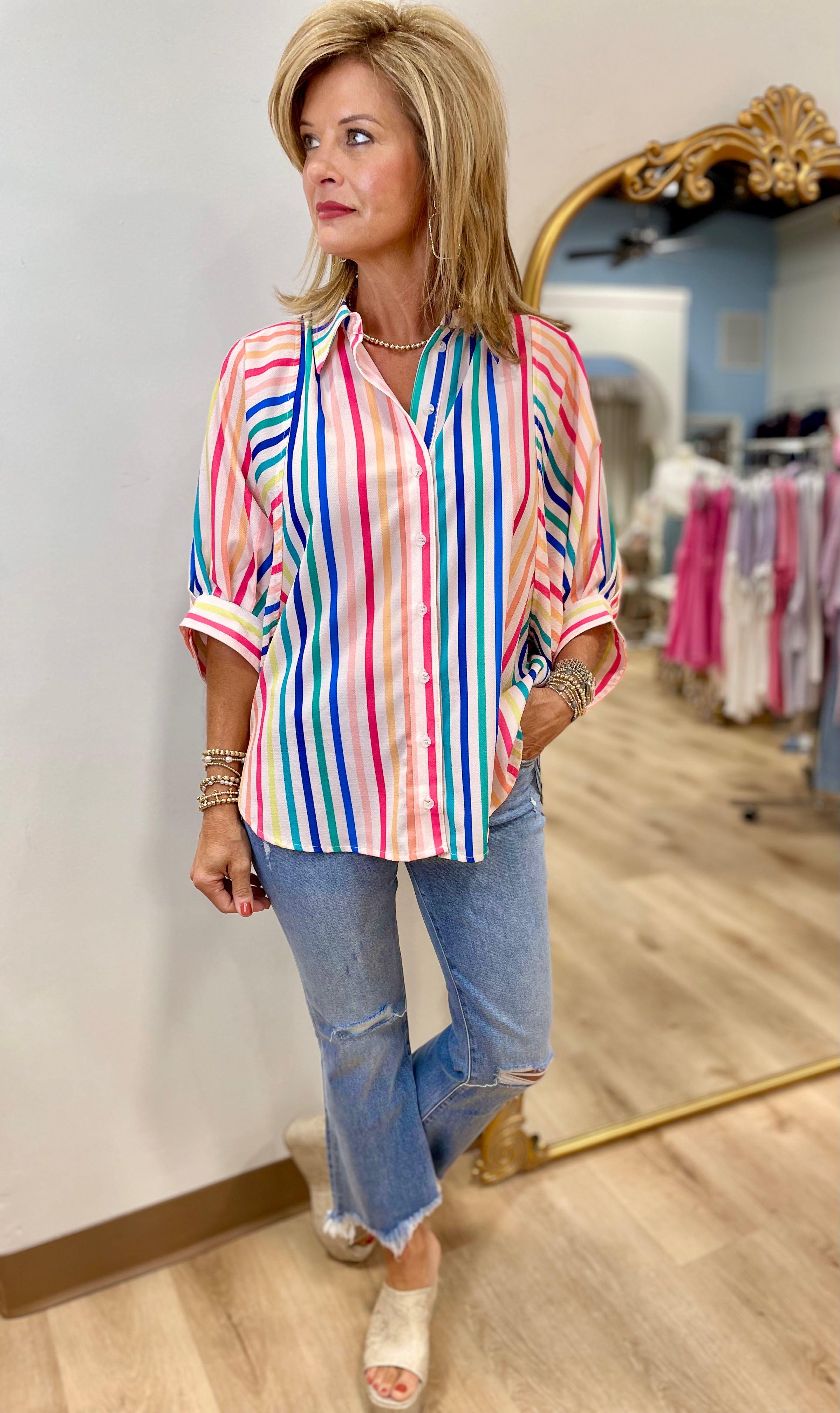 Fruit Stripe Button Front Blouse