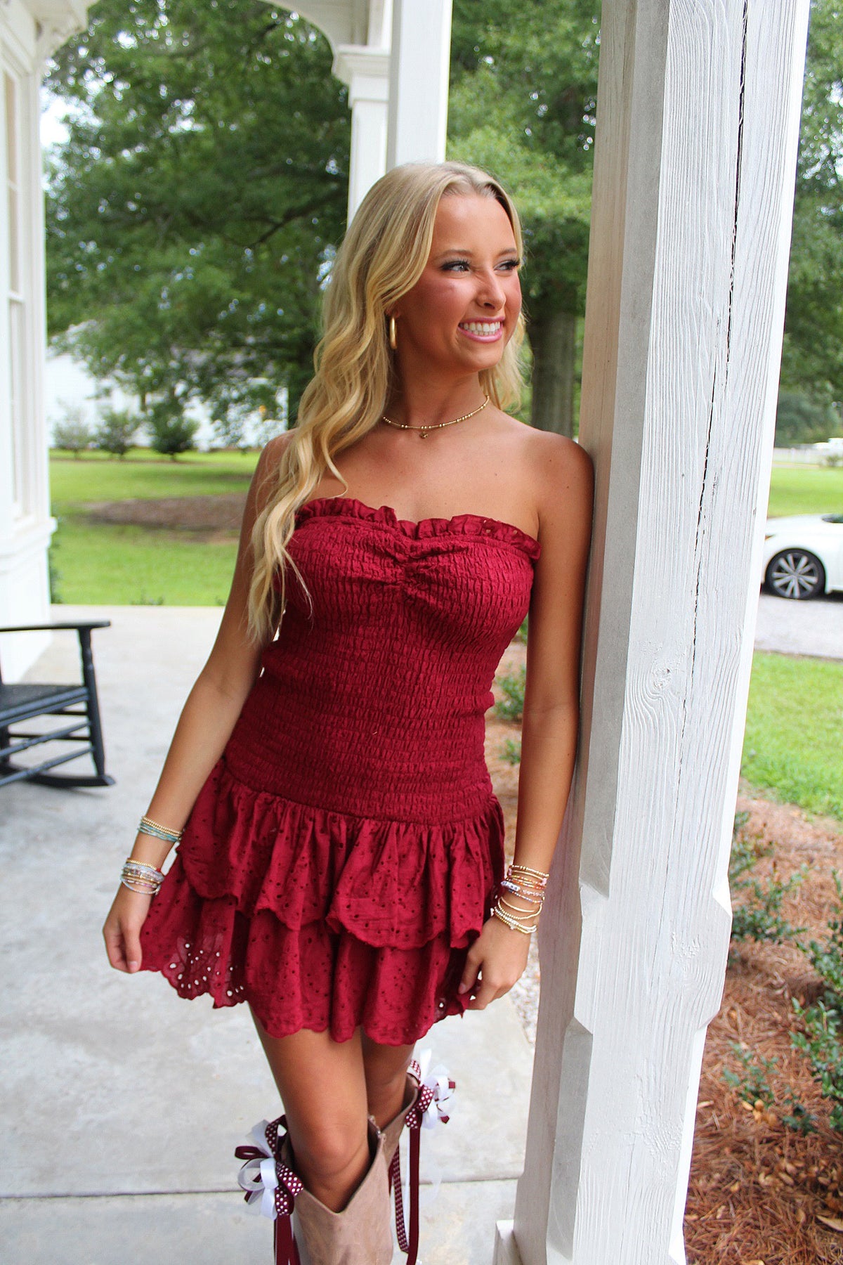 Blitz Eyelet Ruffle Hem Strapless Dress Maroon Blitz Eyelet Ruffle Hem Strapless Dress Maroon
