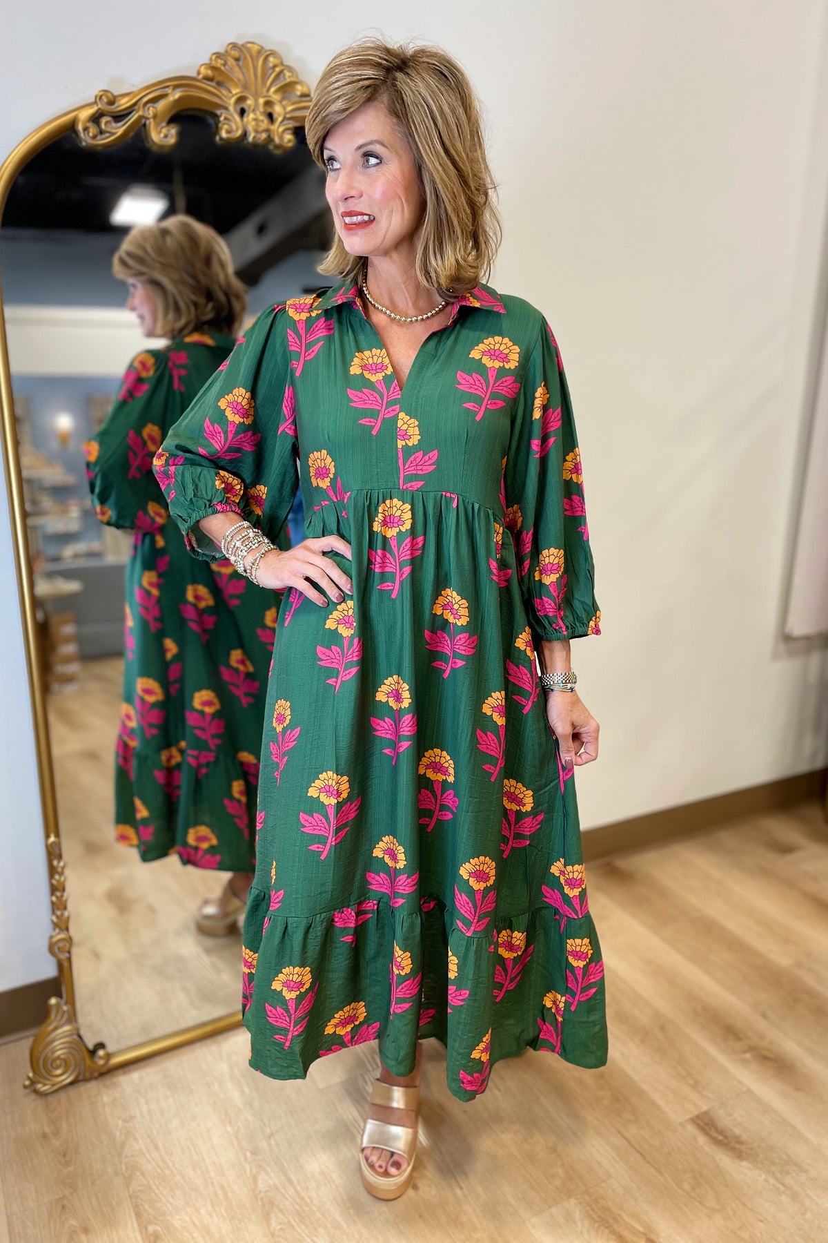 Umgee Big Flower Dress Green