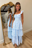 Detailed Darling Smocked Tiered Maxi Dress Blue