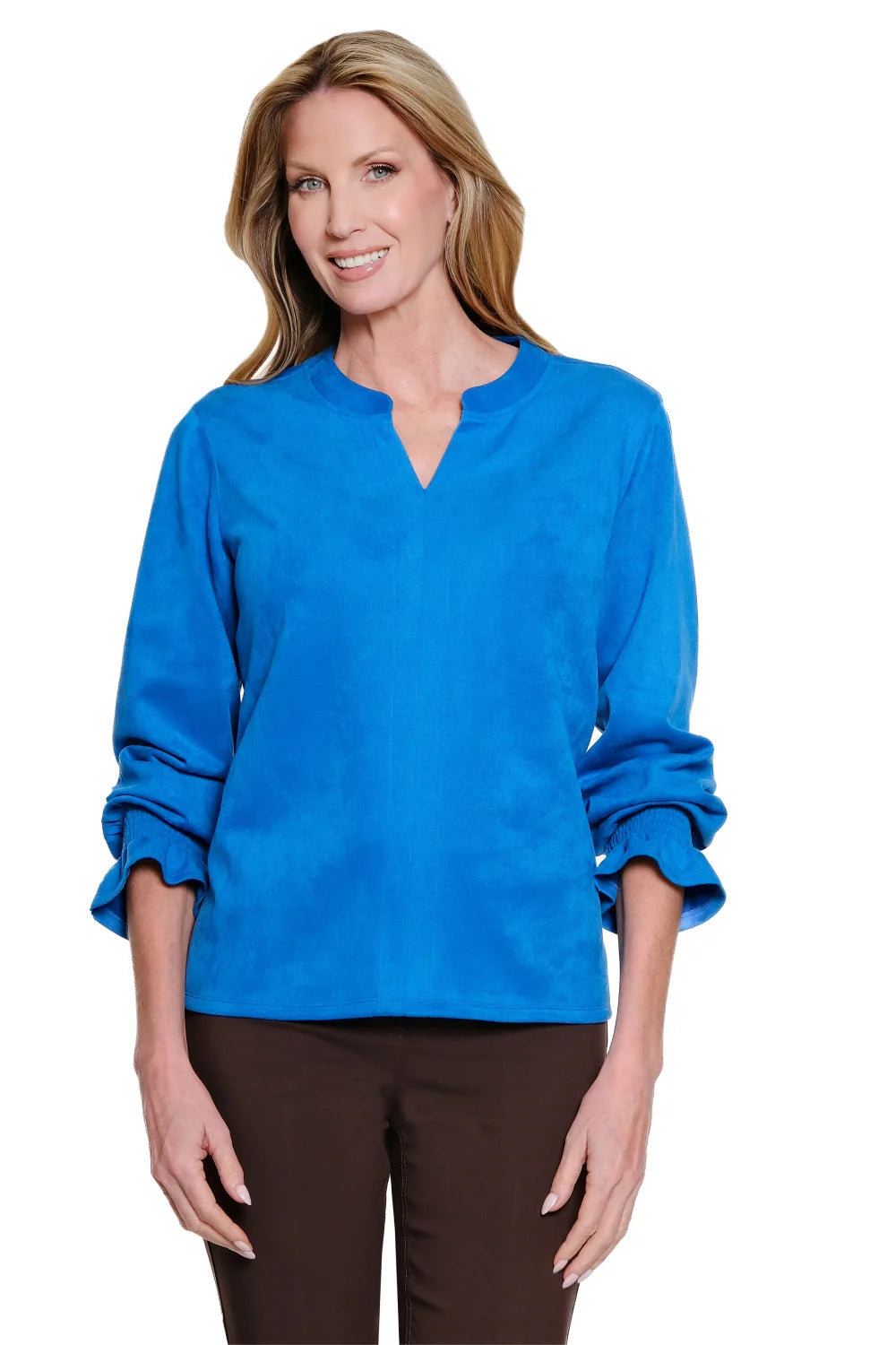 Multiples Band Collar V Neck Top Blue