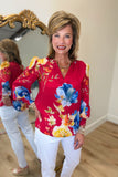 APNY Split Neck Top Red Multi