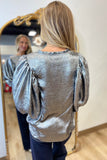 Shine All Night Button Front Top Silver