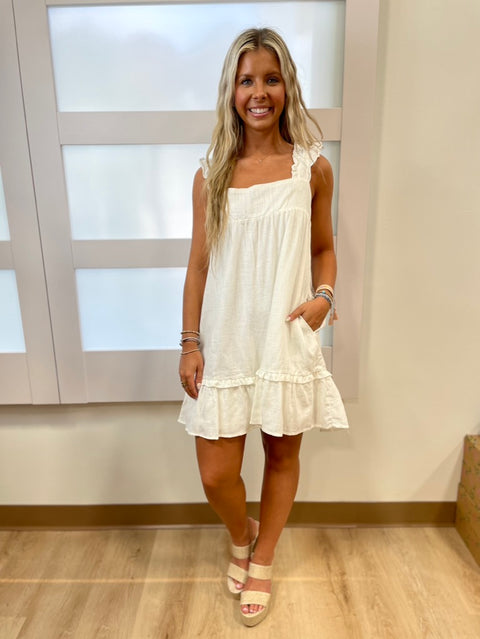 Cap and Gown Ruffle Strap Dress White