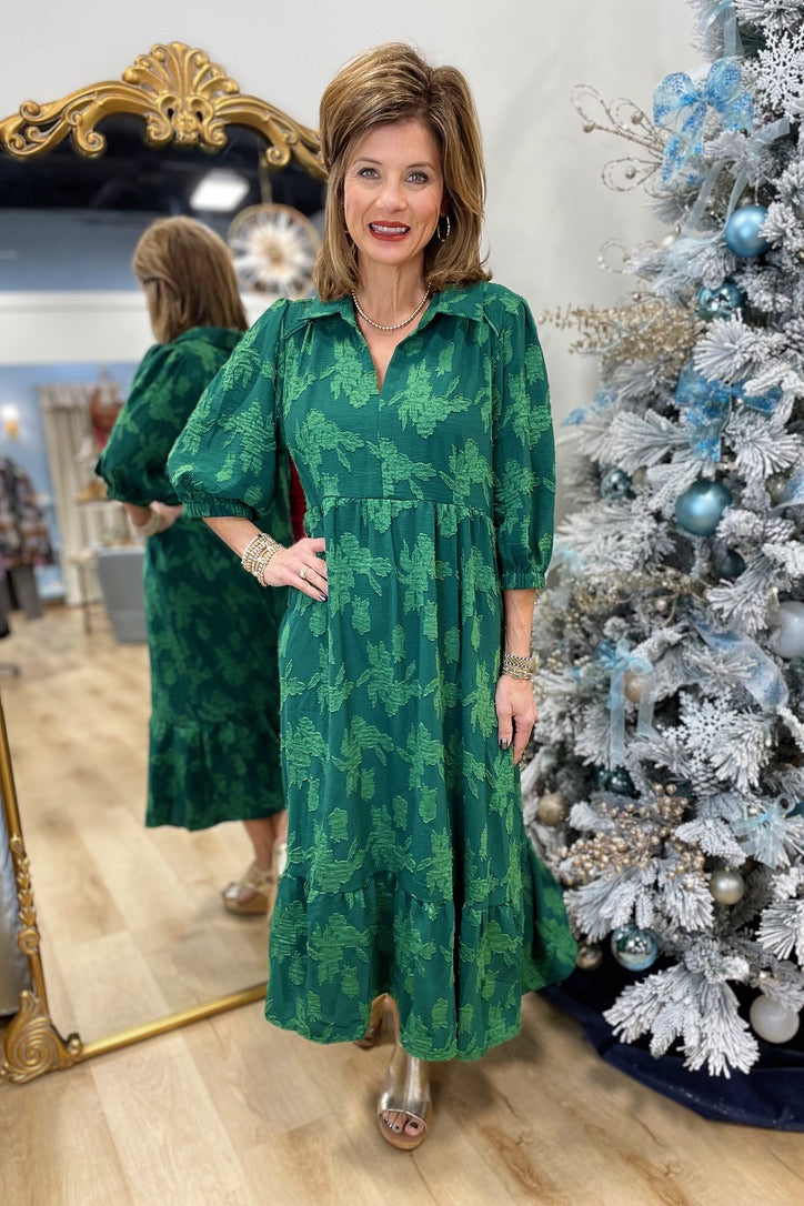 Umgee Floral Burnout Midi Dress Green