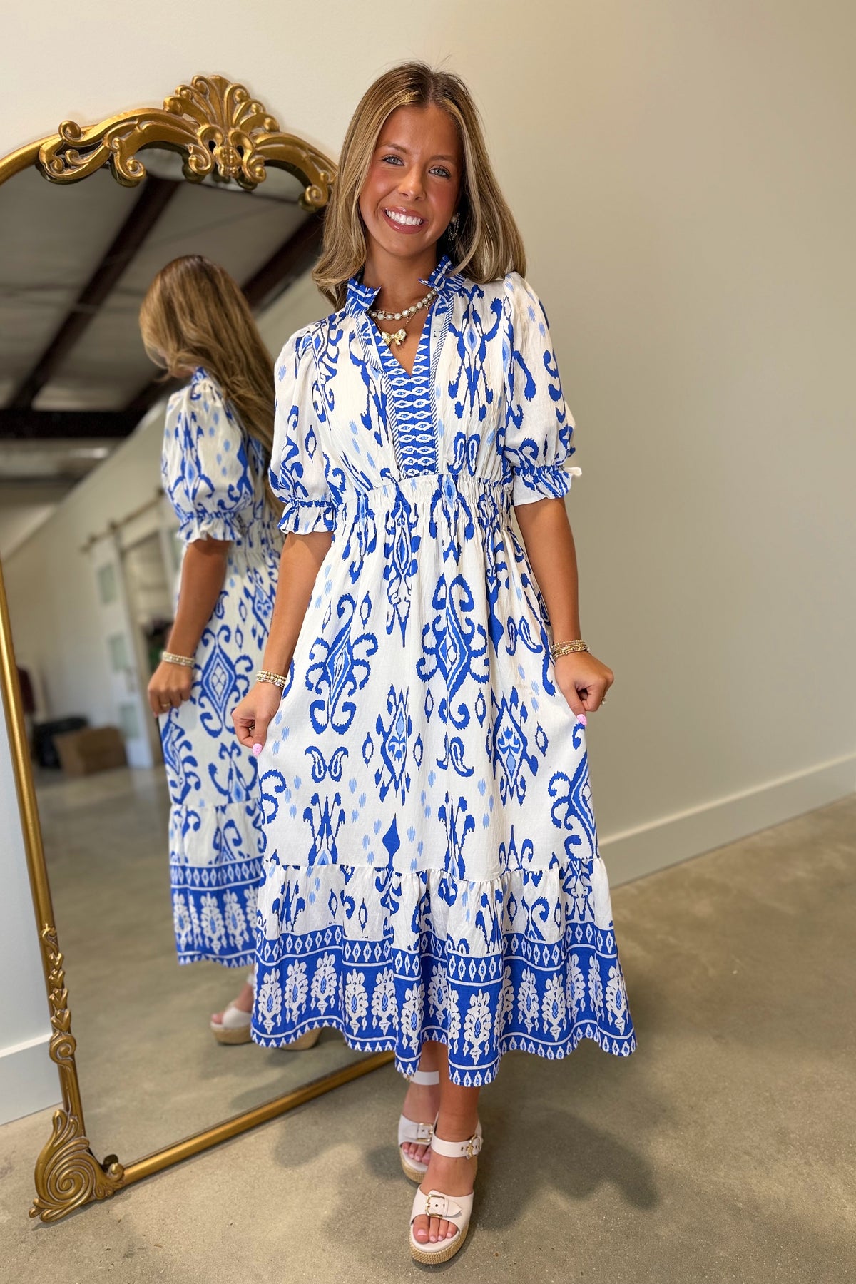 Umgee Print Short Sleeve Dress Blue