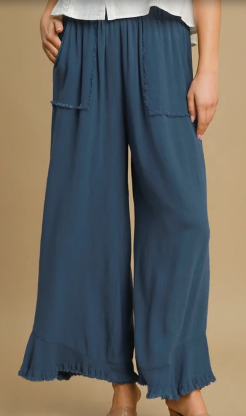 Umgee Linen Pant w Patch Front Pockets Slate Blue