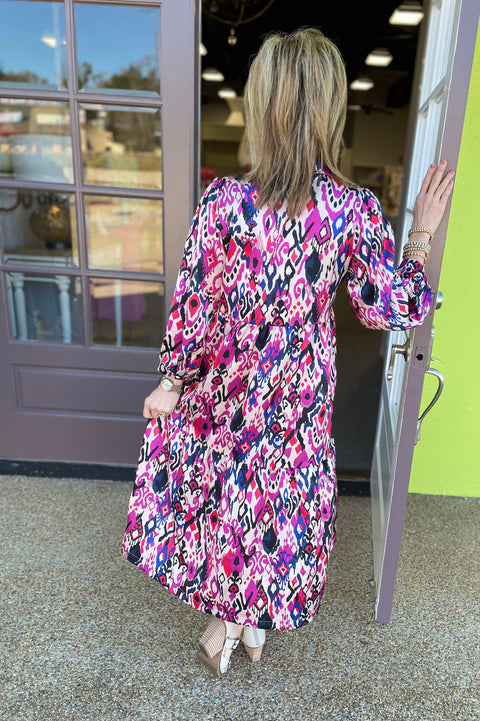 Easy Going Tiered Button Front Dress Fuchsia Mix