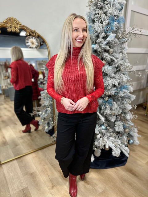Sparkle Season Mock Neck Top Candy Red