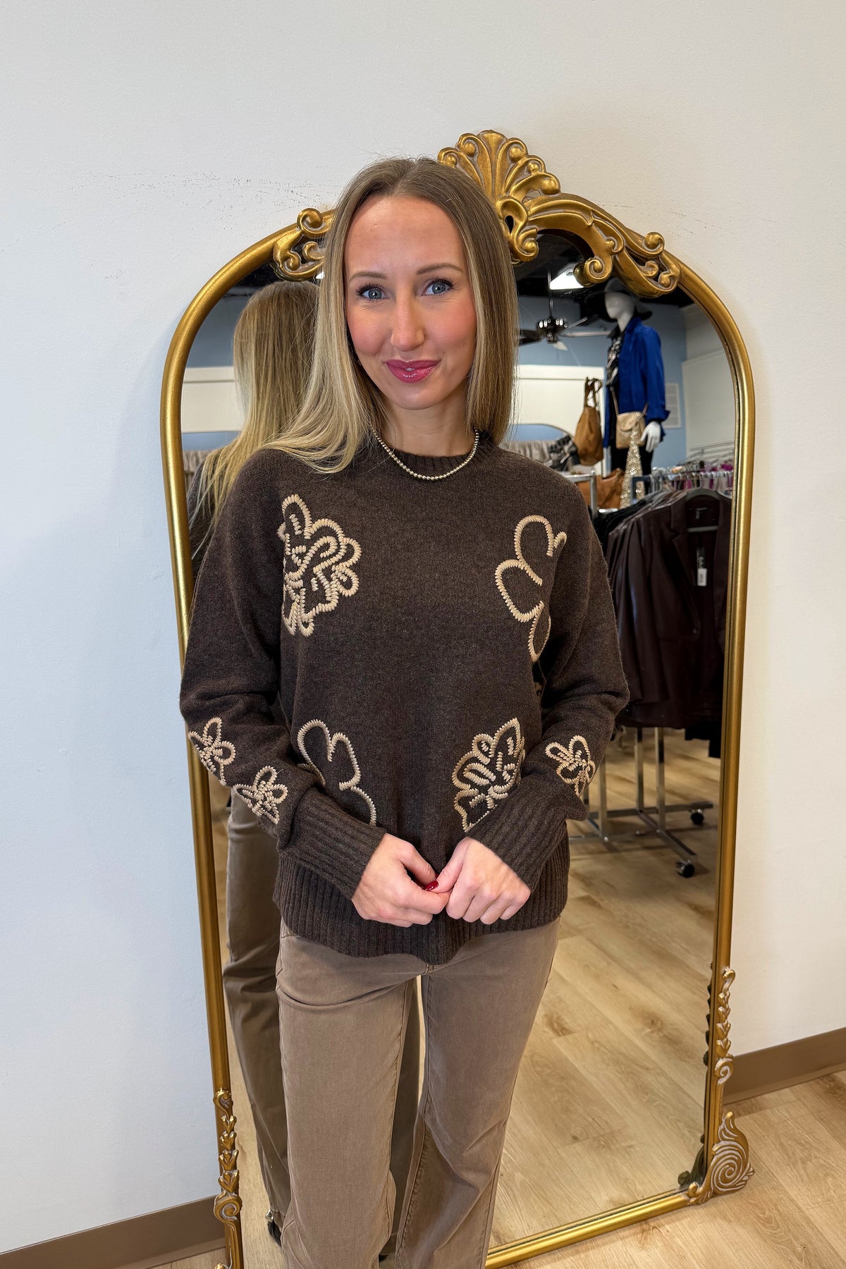 Charlie B Embroidered Sweater Brown