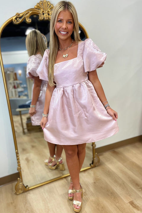 SweetHeart Satin Puff Sleeve Dress Pink