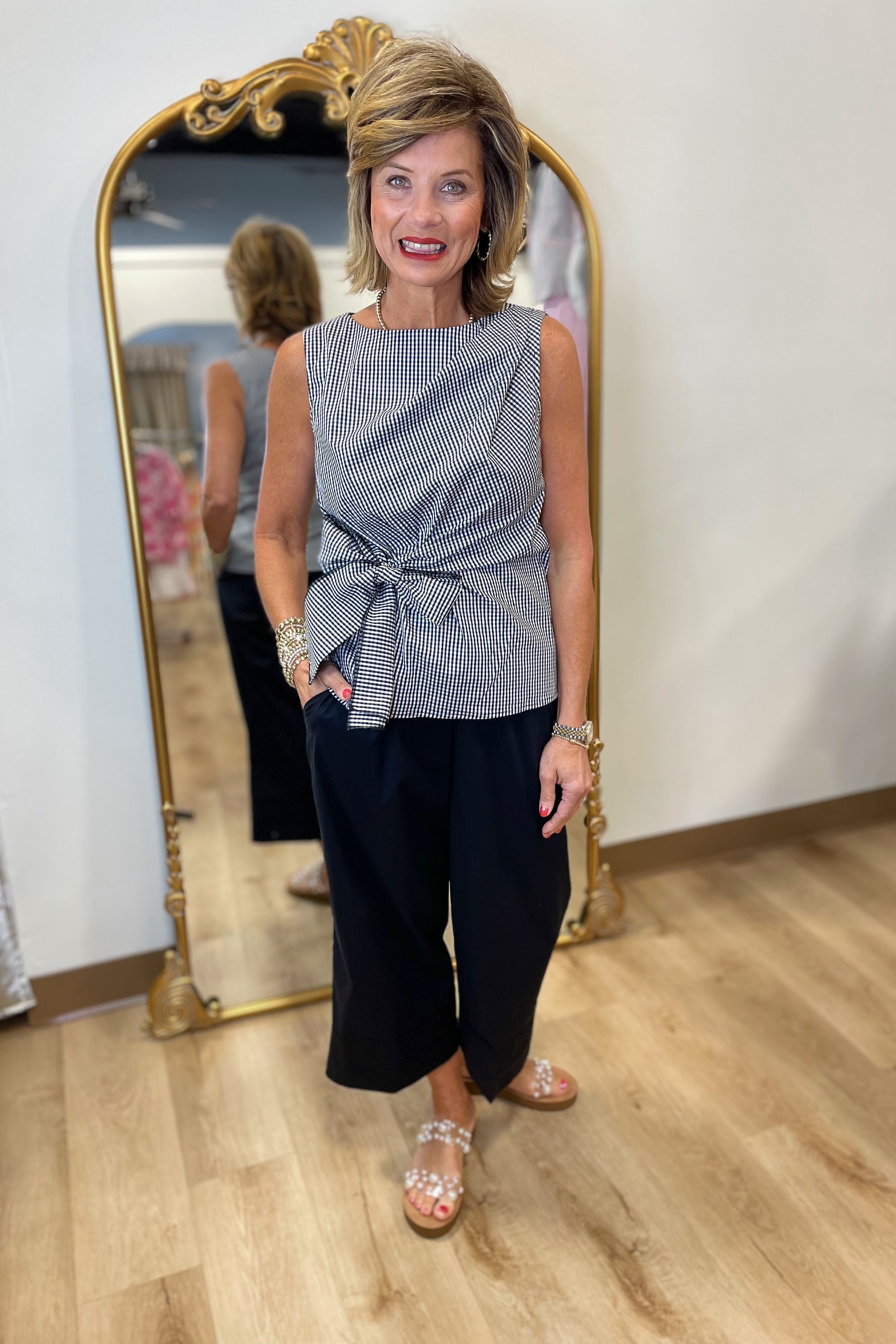 Renuar Woven Side Tie Sleeveless Top Plaid