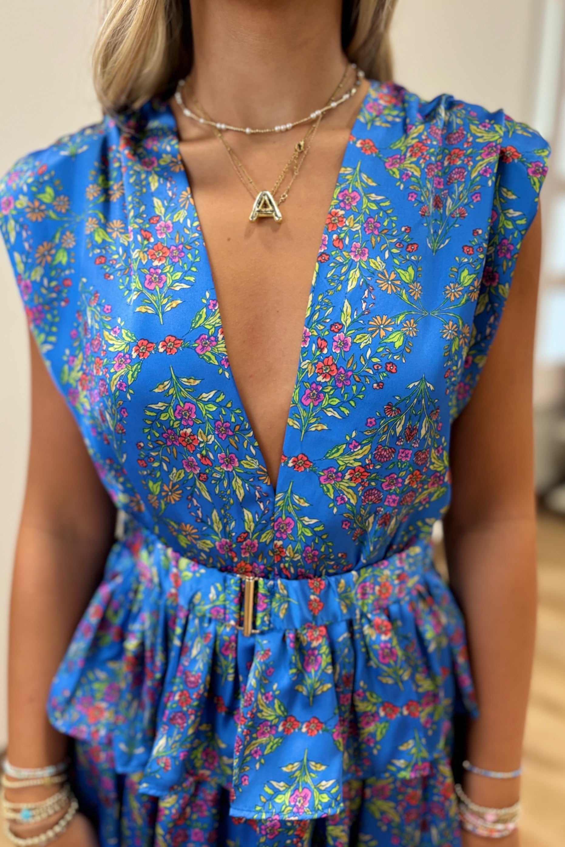 Karlie  Floral V Neck Tier Dress Royal Blue
