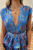 Karlie  Floral V Neck Tier Dress Royal Blue