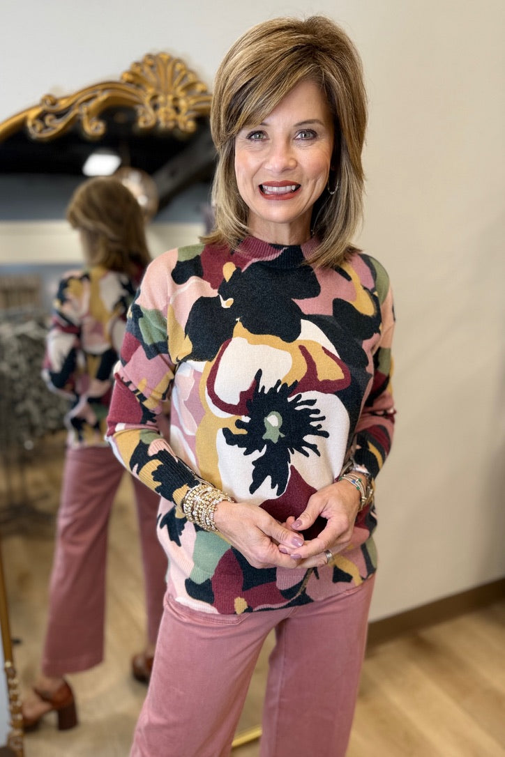 Charlie B Mock Neck Sweater Flowery