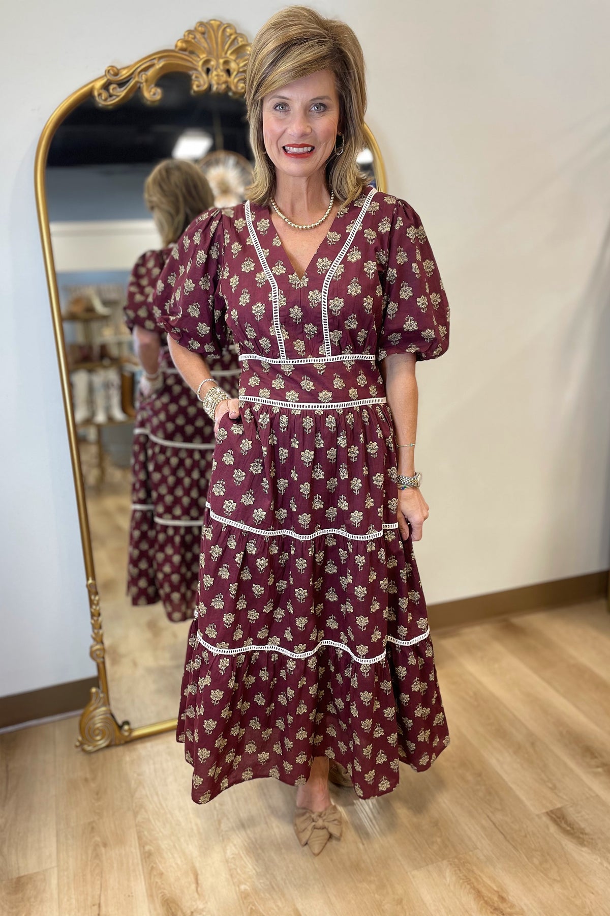 THML Tiered Print Dress Maroon