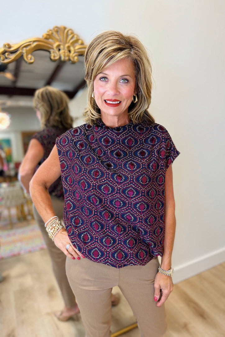 Umgee Velvet Damask Top Navy