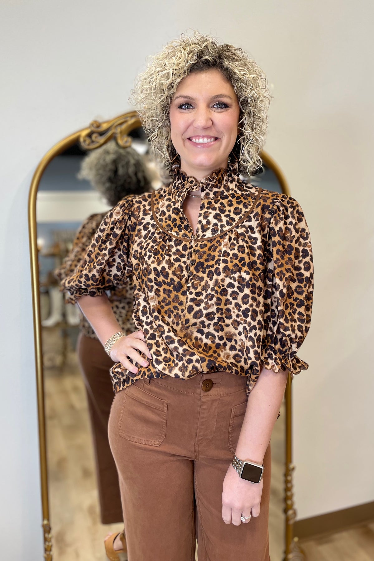 Umgee Ruffle Neck Leopard Print Top Brown