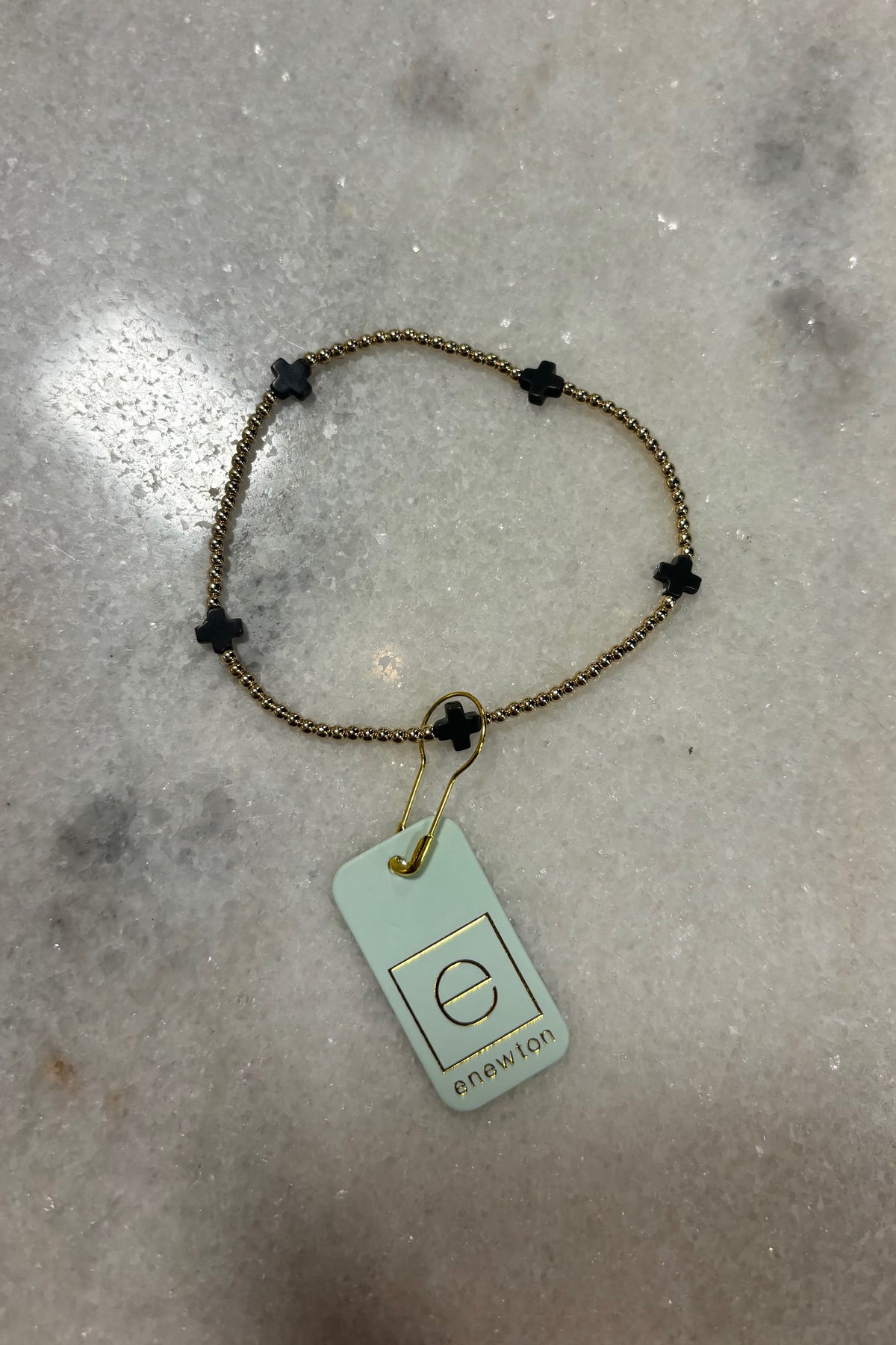 E Newton Signature Cross Small Gold Pattern 2mm Bead Bracelet Charcoal