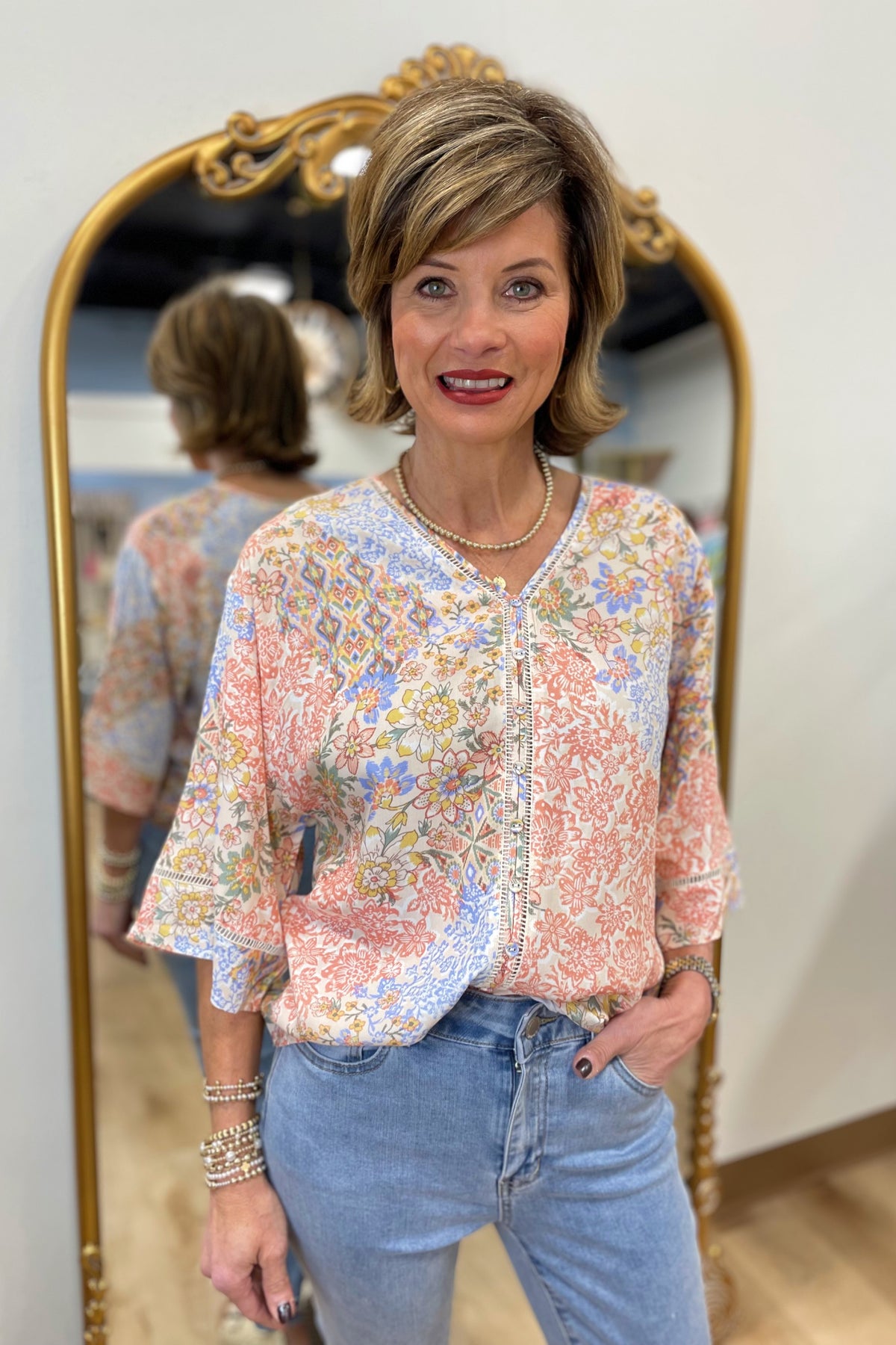 Charlie B Wide Sleeve Blouse Flowers