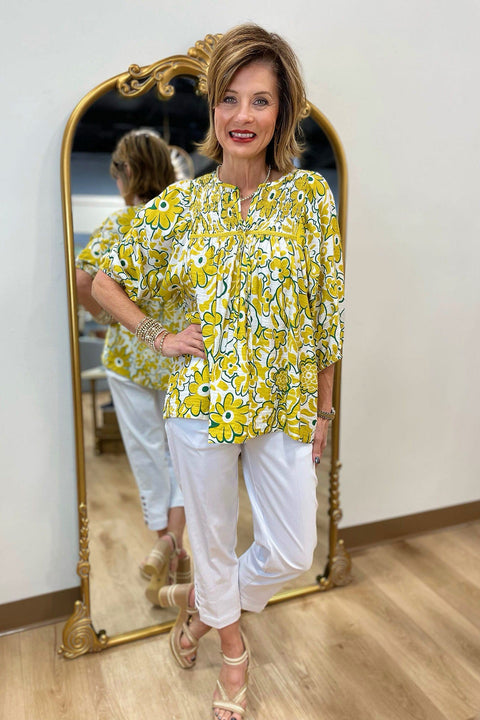Spring Blooms Smocked Bodice Top Mustard