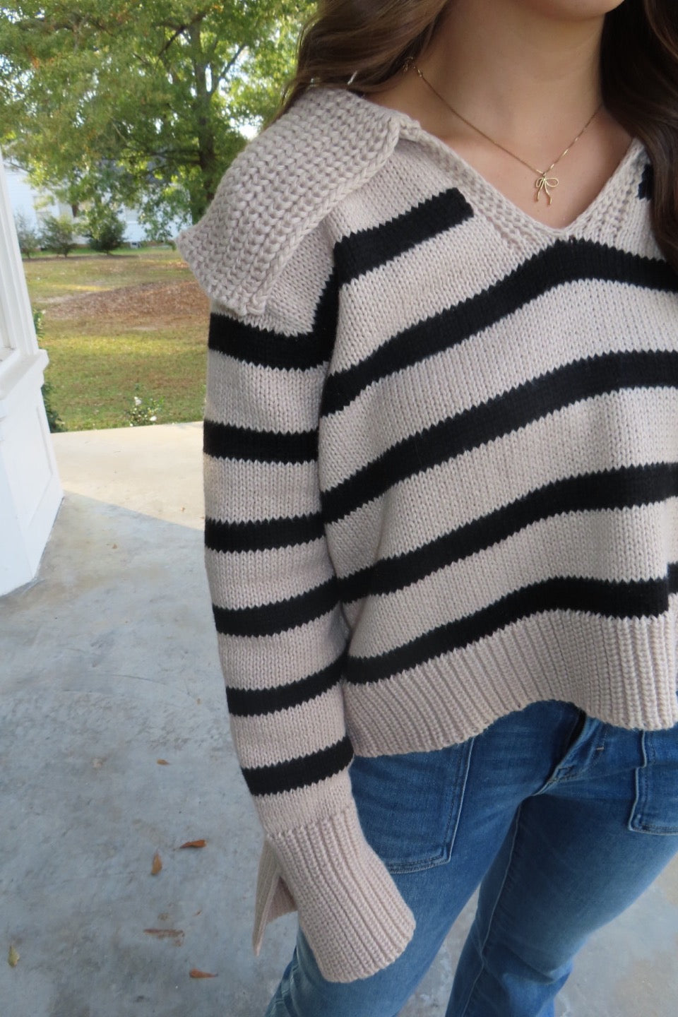 Harvest Hues Striped Collared Sweater Khaki