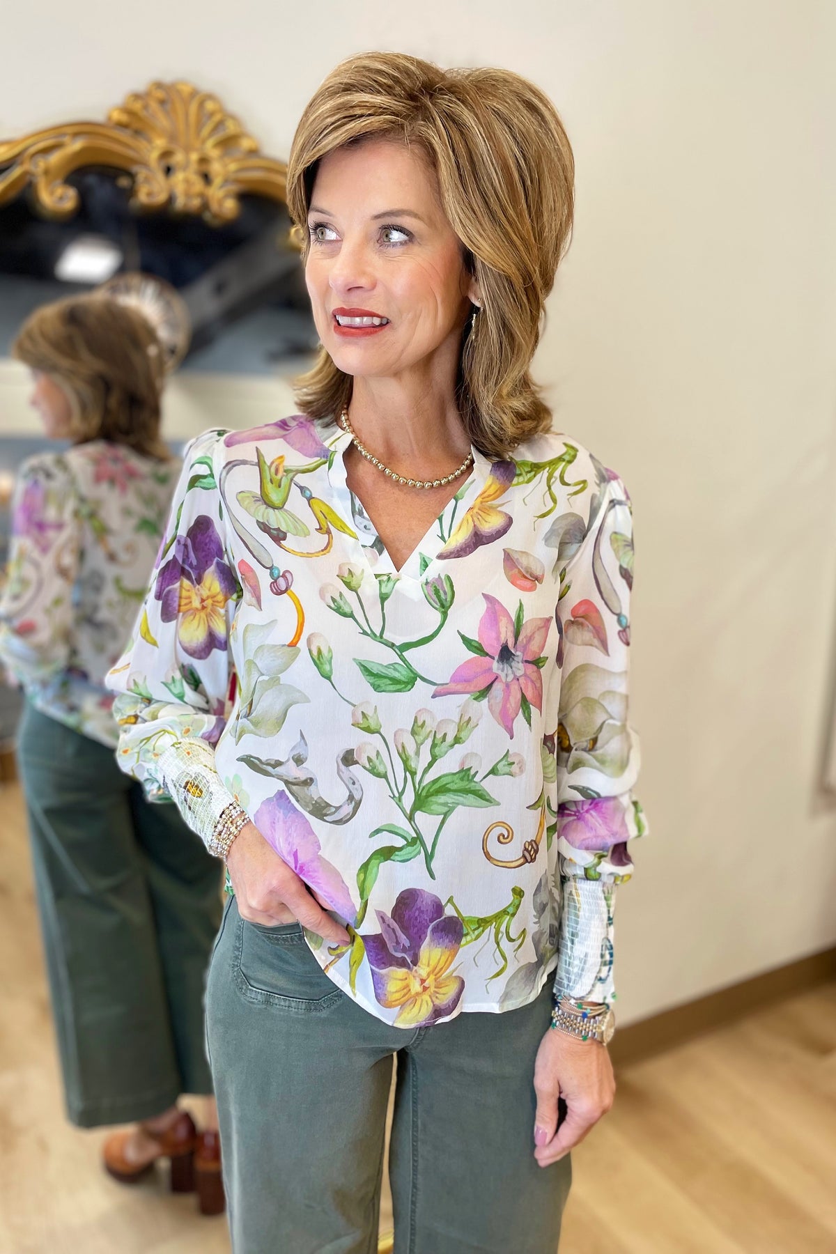 APNY Floral LS Blouse Cream