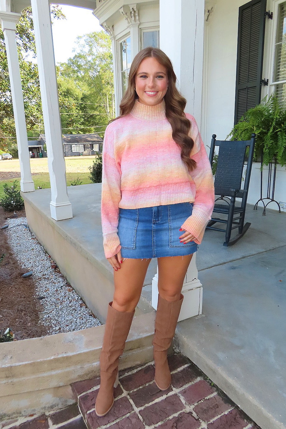 November Skies Rainbow Turtleneck Sweater Orange/Pink