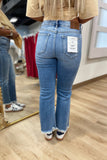 Hidden Crop Flare w Fray Hem Medium Blue