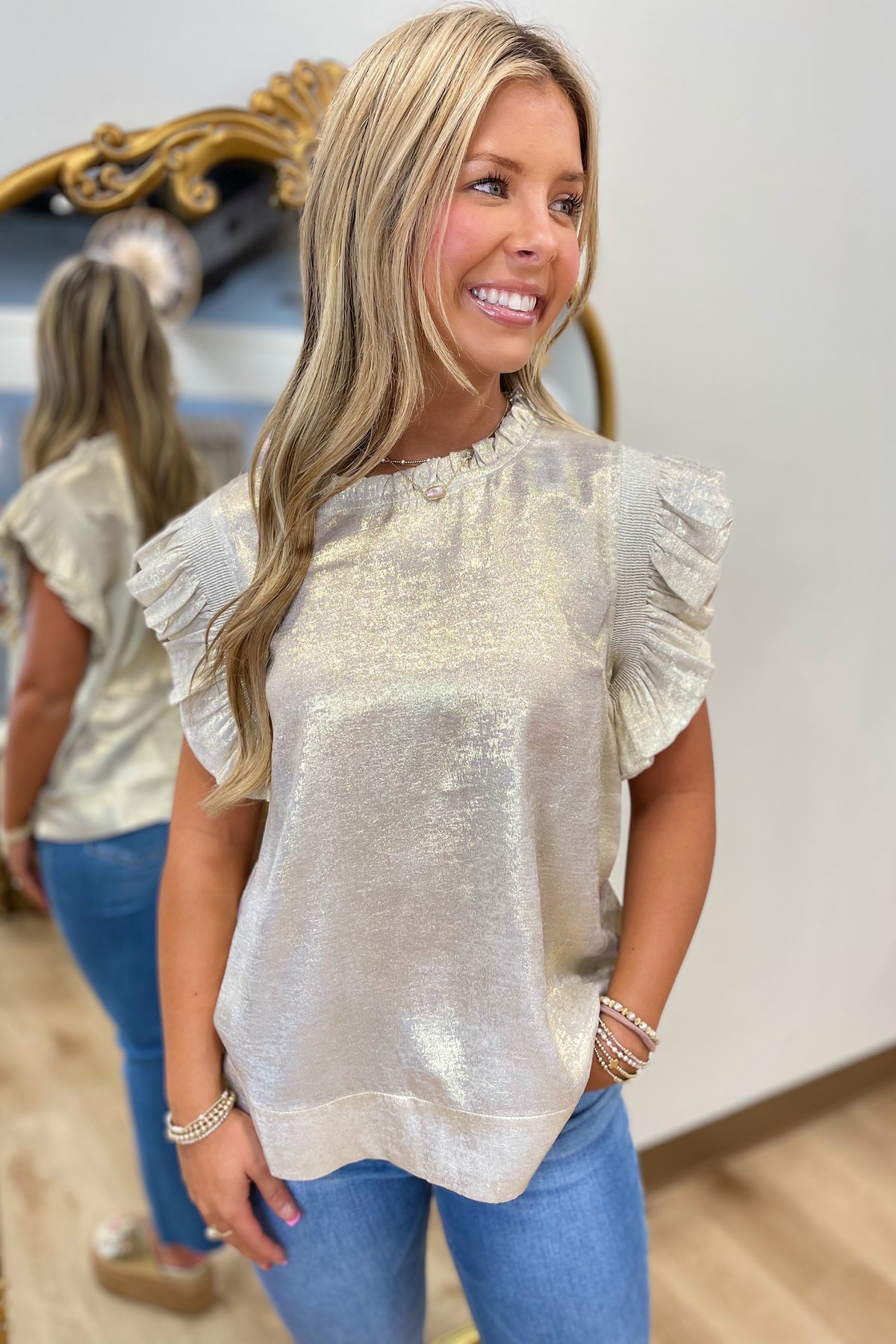 Shimmer On Flutter Sleeve Top Pearl